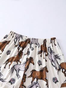 Bộ đồ ngủ thoải mái in hình nhóm ngựa 2 món, áo sơ mi cài nút tay ngắn và quần short cạp chun - Màu be - Xem 8