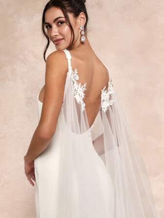 1 件长款蕾丝边披肩，手工制作简约优雅欧美风格新娘婚纱配饰女士秋装