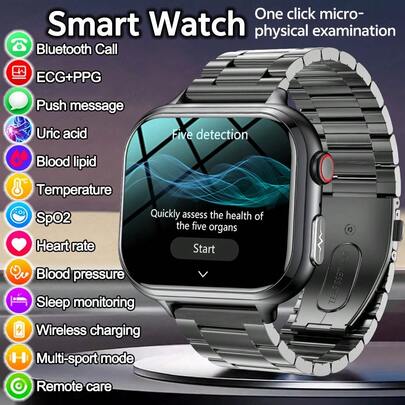 GUHUAVMI 男士新款 ECG 智能手表，1.91 英寸高清 AMOLED 屏幕，带无线呼叫 SOS，健身追踪器，带血脂/体脂/尿酸监测、睡眠监测，一键微体检，心率、血氧、体温等。女士五器官监测智能手表，母亲节礼物，父亲节礼物