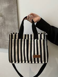 百搭竖条纹流浪汉单肩包，适合女士钱包和手提包，大容量多口袋帆布单肩通勤包手提包，轻便休闲手提单肩斜挎包，学生学校笔记本电脑包简约运动背包，带多隔层和多口袋 - 彩色 - 查看 2