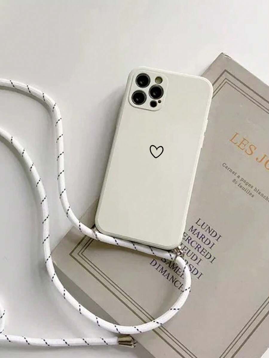 1 Piece Perforated Edge Black Heart Painted Extended Lanyard Shock-Proof Phone Case Compatible With Iphone, Compatible With Redmi Series Waterproof Anti-Fall Scratch Resistant - Multicolor - View 1
