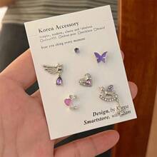 6pcs/Set Stylish Purple Geometric Unicorn, Starry Diamond, Heart & Moon Stud Earrings Set