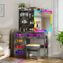 HNEBC RGB Makeup Vanity Desk With Wireless Charging Station,7 Dynamic And 7 Static Dimmable Vanity Table With Glass Desktop,Vanity Mirror With Lights Desk&Chair,8 Drawers,Stool - Grey - View 7