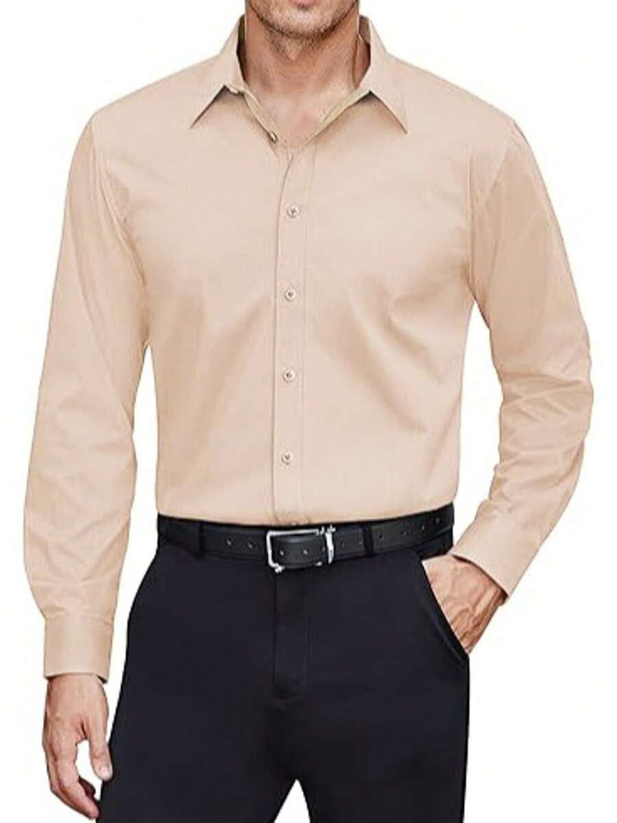 Mens Elegant Shirt Long Sleeve Dress Solid Color Button Shirt For Formal Office Wear With Shirt Collar Men's Clothing Wedding Suit Fashion Casual Business Commuting Men Shirts - 米色 - 查看 1
