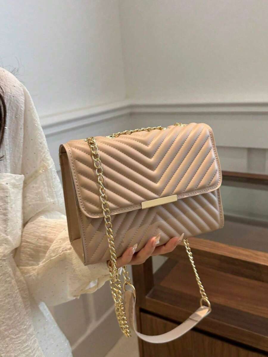 Fashion Solid Quilted Chain Shoulder Bag - Khaki - View 1