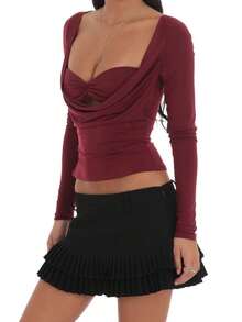 Womens Cowl Neck Cutout Tops Long Sleeve Low Cut Solid Color Slim Fit T-Shirts Fall Blouses - Red - View 4