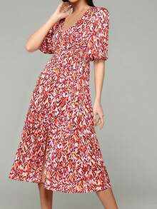 Europa i Stany Zjednoczone Francuskie retro nadruki bufiaste rękawy głęboki dekolt w serek wysoki otwarty rozporek seksowna sukienka średniej długości bez nogawek wiosna i lato nowe lekkie i wygodne sukienki w stylu boho