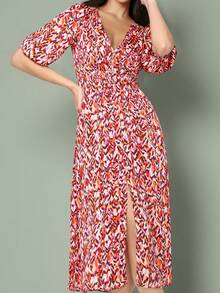 Europa i Stany Zjednoczone Francuskie retro nadruki bufiaste rękawy głęboki dekolt w serek wysoki otwarty rozporek seksowna sukienka średniej długości bez nogawek wiosna i lato nowe lekkie i wygodne sukienki w stylu boho