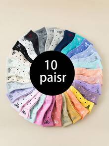 10 Pairs Teenagers' Colorful Bow-Knee Socks Suitable For Daily Wear, Casual & Sports Styles & Colors Randomly Assorted