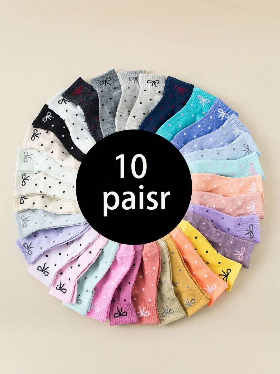 10 Pairs Teenagers' Colorful Bow-Knee Socks Suitable For Daily Wear, Casual & Sports Styles & Colors Randomly Assorted