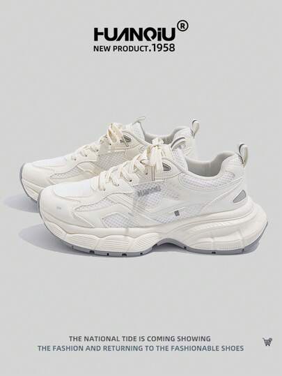 HUANQIU 2026 New Style Men's Shoes, Men's Sneakers, Thick-Soled Casual Shoes, Mesh Breathable White Shoes, Versatile, Lightweight, Comfortable, Lace-Up Soft-Soled Casual Shoes, Running Shoes, White And Gray All-Season Shoes