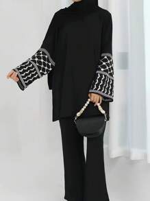 女士两件套宽松套装，2026春夏款，几何刺绣图案袖口设计 | 中东优雅两件套，时尚斋月长袍套装，优雅阿拉伯服饰 - 黑色 - 查看 5