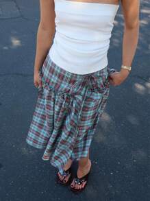 Women's Y2K Plaid Midi Skirts Low Waist Tie Up Half Skirt Skirt Vintage Summer Layered Skirt A Line Skirts Aesthetic Outfit Streetwear
