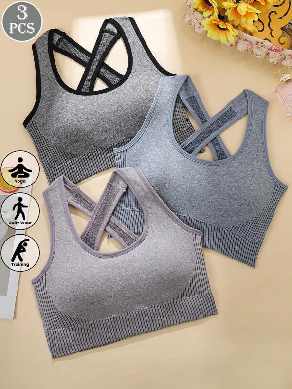 3pcs/Set Criss-Cross Strap Sports Bra For Women, Racerback Yoga Gym Fitness Crop Top Bras