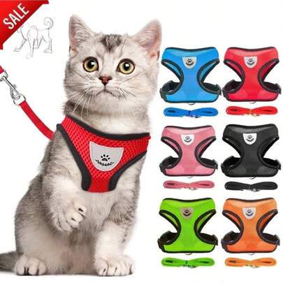 Guia Coleira de Malha Flexível com Colete Peitoral Ajustável para Cão Cachorro Gato Animais