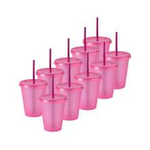 Paquete 10 Vasos Reusables Tipo Star Para Bebida Fría Mini 16 Oz - Rosa Glitter - Ver 2