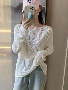 Suéter casual de cuello redondo de unicolor con recortes para mujer - Blanco - Ver 4