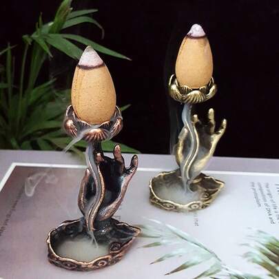 1 件莲花设计复古风格金属香炉，带佛手装饰，装饰性回流香炉，适用于家庭香薰、放松、风水装饰、礼物、办公室、香座