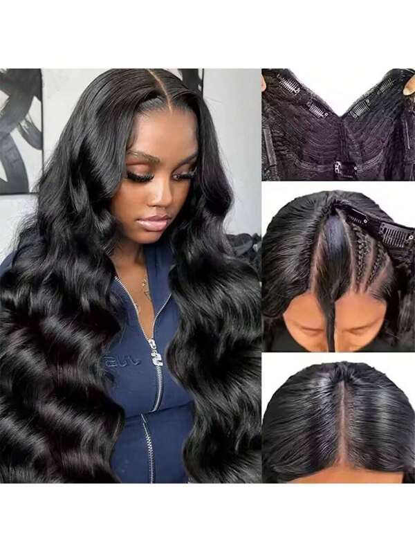 ZHENDEFA Peruca de cabelo humano com parte em V, atualização de perucas de parte em U, ondas corporais para iniciantes, sem costura, sem cola, peruca de cabelo virgem brasileiro, cor preta natural, densidade de 150%