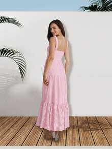 Women Summer Sleeveless Dress Casual Striped Print Ruffled A-Line Party Dress For Beach Club Streetwear - 紅色 - 查看 6