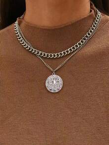 2pcs Demon Eye Pendant Necklace Set, Versatile Clavicle Chains Suitable For Women (Chain Loop & Bead Quantity Random) - Silver - View 1