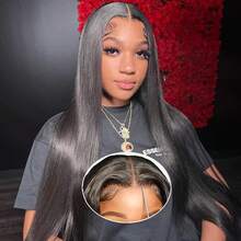 5x5 HD Lace Put On And Go Glueless Wig Human Hair Pre-Plucked, Pre-Cut Lace Glueless Wigs, No Glue Lace Front Closure Wig Straight, 220% Density, 28inch - Natural Black - 查看 3