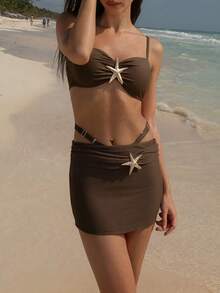 3 件套女士抹胸比基尼套装时尚性感褶皱裙带海星细节抹胸四月泳衣夏季沙滩装游泳衣度假 - 棕色 - 查看 4