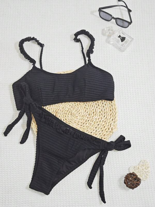 Conjunto de Maiô Bikini Clássico Feminino com Alças Franzidas, Cor Sólida, Amarração Lateral, Tecido Plissado, para Verão, Praia, Esportes, Natação, Férias
