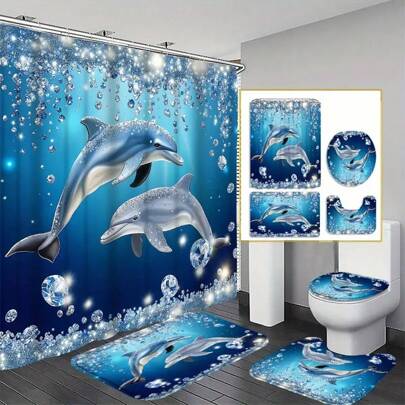 1/4 Pcs Ocean World Rhinestone Dolphin Shower Curtain Decor, Elegant Housewarming Gift, Modern Home Decor, Waterproof Shower Curtain And Bathroom Mat 3 Sets With 12 Curtain Hooks Home Bathroom Decor Fall Decor Bathroom Accessories Back To School
