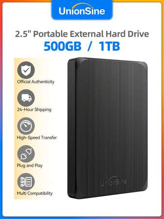 UnionSine Ultratunn bärbar extern hårddisk (320 GB-1 TB) - USB 3.0 med 120 MB/S höghastighetsdataöverföring för bärbara datorer, PC, Apple-datorer och stora spelkonsoler - 2,5" kompakt hårddisk för spel, arbete, foton, resor - Plug & Play