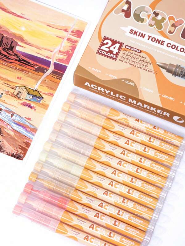 Guang Na 1 Set Of 24/12 Colors Professional Skin Colour And Macaron Colors Felt Acrylic Paint Markers Pens, They Won't Pierce The Paper And Leave Almost No Traces, Automatic Ink System, Rich Colors, Clear Coloring Pages Back To School