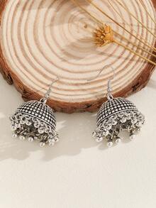 1 Pair Vintage Jhumka Earrings With Intricate Palace Pattern & Tassel Design, Suitable For Women To Wear Daily, Festival, Wedding And Party - Multicolor - View 5