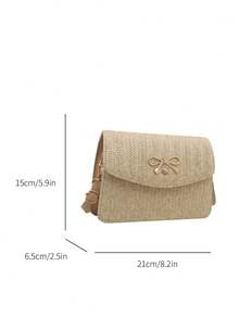 1pc Khaki Straw Woven Metal Buckle Bowknot Decor Fashion Versatile Casual Oblique Shoulder Bags, Suitable For Ladies' Daily Use - Khaki - View 2
