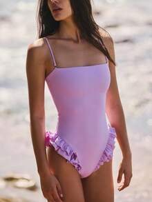 Women's One Piece Bathing Suit Y2k Ruffle Bathing Suit Spaghetti Strap Square Neck Sleeveless Backless Swimsuits Summer Beach Swimwear Bikini - Màu tím - Xem 1
