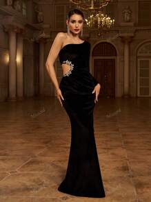 Missord Robe de soirée de velours noire à détail de strass et col asymétrique. Élégante robe de bal à manches longues pour cérémonie, mariage, dîner ou remise de diplôme