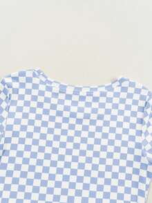 Acelitt Summer Colorblock Checkerboard Print Ribbed Fitted Crew Neck Short Sleeve T-Shirt Casual - Baby Blue - View 6