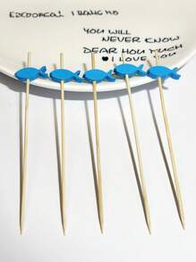 1 Juego/25 piezas Pinchos de cóctel de bambú natural hechos a mano, pinchos para aperitivos para cócteles, aperitivos, frutas, postres - Diseño de pez azul