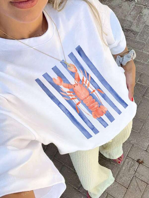 Camiseta de mujer de cuello redondo blanca con estampado de langosta a rayas, casual y versátil