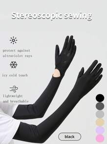 1 pièce Nouveaux gants longs de protection solaire pour femmes d'été. Ces manches de bras en soie glacée peuvent bloquer les rayons ultraviolets. Ils conviennent pour le cyclisme et la conduite, avec des fonctions anti-dérapantes et tactiles. Ils sont extra-longs pour couvrir les bras et parfaits pour une utilisation extérieure.