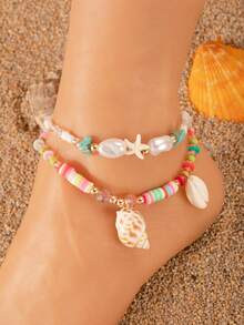Bohemian Ocean Fan Besson Stone Starfish Soft Ceramic Pearl Elastic Women's Foot Chain 2 Pieces Set C Type Bead Rope Randomly - Multicolor - View 4