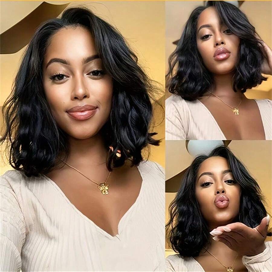 Peluca de cabello humano con onda corporal, frente de encaje, 200% de densidad, sin pegamento, corte bob corto, 13x4, cabello humano preplucked, listo para usar, color natural, para mujeres - Natural Black - Ver 1