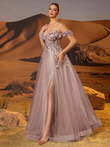 3D立体花朵薄纱舞会礼服，长款心形领口，束腰设计，闪亮亮片蕾丝刺绣，正式派对礼服，高开衩A字裙摆，适合青少年、晚宴、婚礼宾客、情人节等场合。 - 摩卡棕 - 查看 4