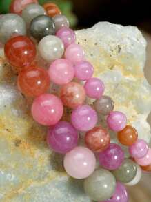 Pulsera de piedras naturales color rosa primaveral, set de pulsera de estilo bohemio con perlas de sunstone, cuarzo rosa y lepidolita, cadena de cristales de equilibrio energético para yoga, apta como regalo para mujeres