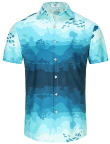 Men's Casual Button-Down Shirts Hawaiian Shirt Short Sleeve Beach Clothes With Pockets - Màu xanh lam - Xem 2