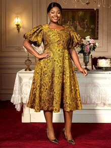 Jacquard A Line Dresses Short Lantern Sleeves Elegant Retro Party Event Plus Size Ladies - Yellow - View 6