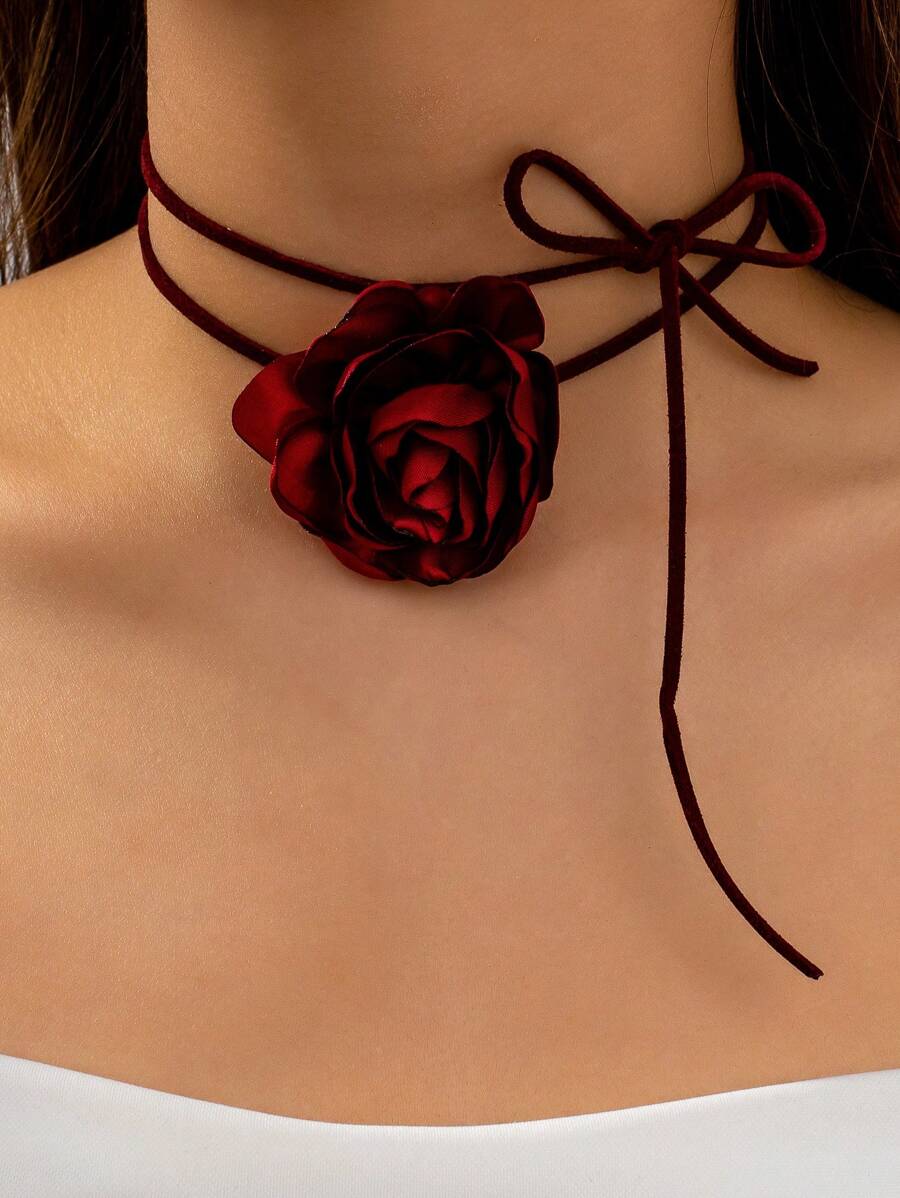1pc Retro Exaggerated Floral Necklace, Burgundy Rose Choker, Elegant Personalized Lace Pendant Necklace, Suitable For Daily, Party, Mother's Day, Gift For Mom