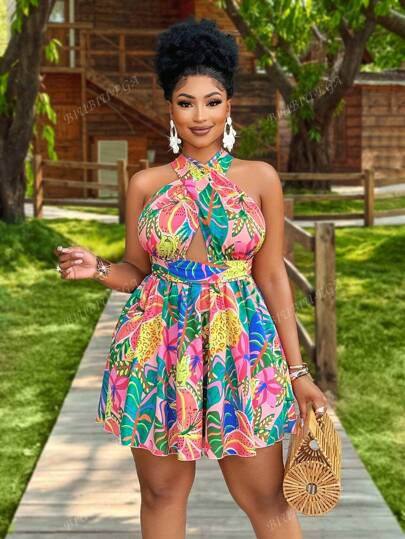 BIUBIU Plus Size Women's Summer Tropical Plant Print Halterneck Bandeau Detail Cutout Sleeveless Cropped Dress For Vacation Travel (Random Flower Type)