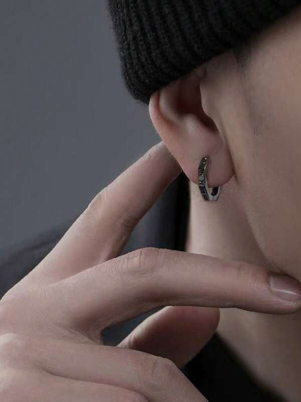 Men's Edgy Titanium Earrings - 2 Pieces Bold Geometric Hoops With Roman Numeral Edge, Goth & Y2K Jewelry Gifts For Dad, Graduation & Pride Month (Black Steel)