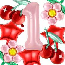 Set de 9 globos de lámina con flores de cerezo y flores rosas surtidas, que incluye números rosas del 1 al 6 de 32", una estrella roja y decoraciones de flores rosas, adecuado para cumpleaños, aniversarios y celebraciones estacionales