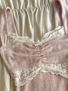 Women's Vintage Velvet Tank Tops Y2K Fairycore Lace Bow Cami Tops Teen Girls Sleeveless Cute Slim Fit Crop Tops E-Girls Camisole For Streetwear - 粉色 - 查看 2